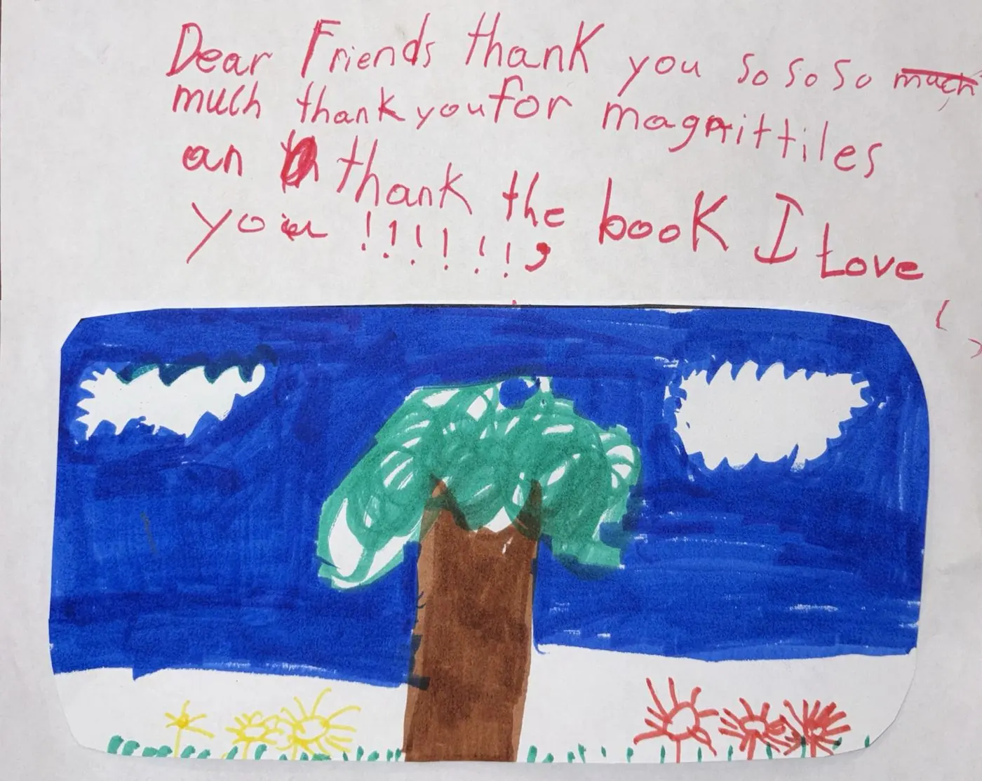 A child&rsquo;s handwritten thank-you note with a drawing of a tree