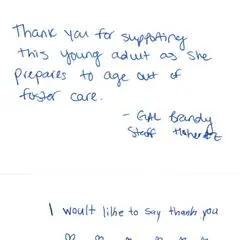 A handwritten thank-you card from a young adult