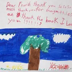 A child&rsquo;s handwritten thank-you note with a drawing of a tree